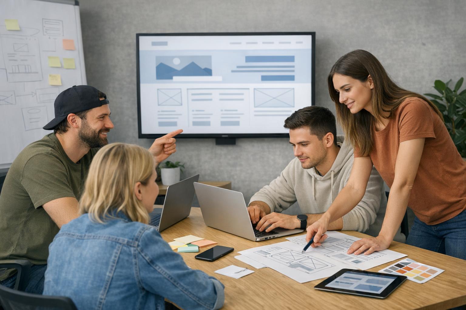 Zdjęcie: zespół tworzący stronę podczas spotkania w biurze