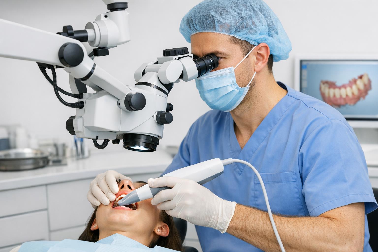 specjalista stomatologii wykonujący badanie przy użyciu mikroskopu i skanera