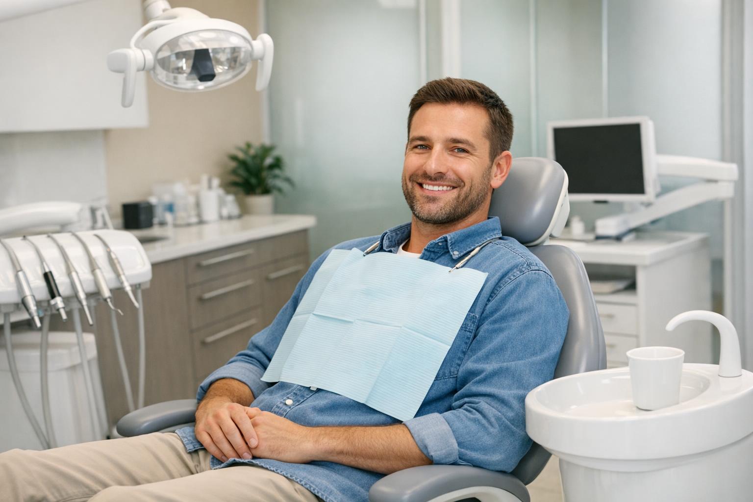 zdjęcie: pacjent siedzący na fotelu dentystycznym w komfortowym gabinecie